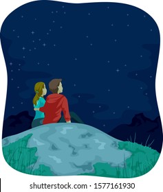 Illustration of a Girl and Guy Couple Sitting Together on Top of a Mountain Looking up at the Stars in the Night