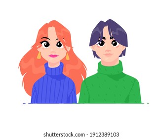 Illustration of a girl and a guy. Vector. A pair of a man and a redhead woman. Two characters for advertising and games. Vivid images with big eyes. Young people, teenagers. New generation.