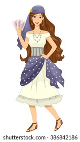 Illustration of a Girl in a Gypsy Costume Holding a Set of Cards