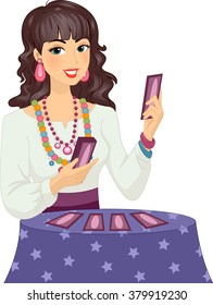 Illustration of a Girl in Gypsy Costume Reading a Tarot Card