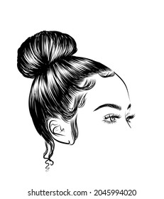 Illustration of a girl with hair bun. Detailed eyebrows and natural eyelashes. Trendy makeup look with sharp eyeliner. Social media post, banner, illustration for business cards, salons.