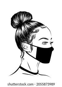 Illustration of a girl with hair bun and face mask. Detailed eyebrows and natural eyelashes. Trendy makeup look with sharp eyeliner. Social media post, banner, illustration for business cards, salons.