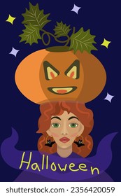 Illustration of a girl in a Halloween outfit with a pumpkin on the head as a hat