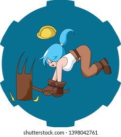 illustration of girl with hammer. girl hit floor with hammer. icon hammer