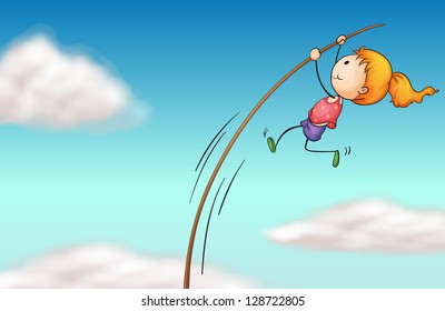 Illustration of a girl hanging at a long stick