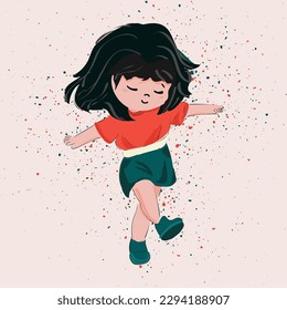 Illustration of a girl with a happy expression, smiling, jumping, singing, cheerful, wearing a summer theme dress