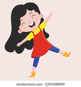 Illustration of a girl with a happy expression, smiling, jumping, singing, cheerful, wearing a summer theme dress