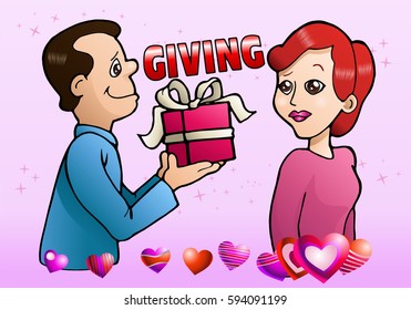 illustration of a girl happy got present from a boy offering gift