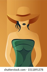 Illustration of a girl in a hat and green dress on the background of orange walls.