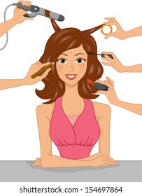 Illustration of a Girl Having Her Hair Styled and Her Face Made Up at the Same Time