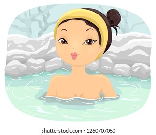 Illustration of a Girl with Headband Bathing in an Onsen Bath in the Winter