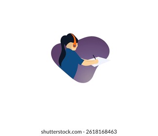Illustration of a girl with headphones studying and writing notes on paper. Remote learning, online education, or homework concept in modern flat style