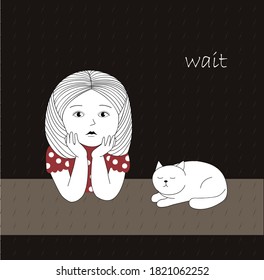 Illustration of a girl with her best friend, a cat. Adorable character drawing. A child in a red dress and a white kitty.