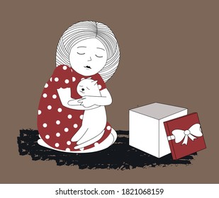 Illustration of a girl with her best friend, a cat. The kid received a gift. Adorable drawing characters. A child in a red dress, a boat and a white kitty.