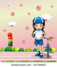 Illustration of a girl and her bicycle