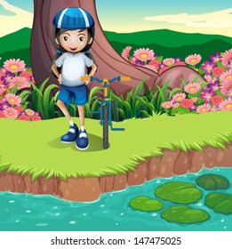 Illustration of a girl and her bicycle at the riverbank
