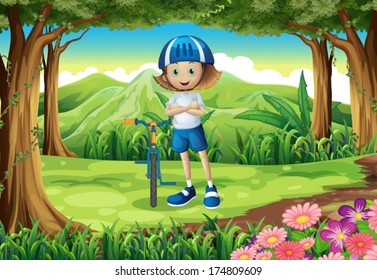 Illustration of a girl and her bike at the forest