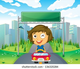 Illustration of a girl in her car below an empty signage