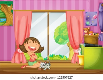 Ilustración de una niña y su gato en su habitación