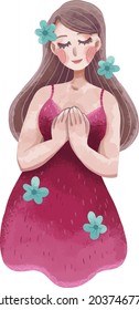 illustration of a girl with her hands pressed to her chest on breast cancer day, in a pink dress with flowers