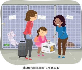 Illustration of a Girl and Her Mom Handing Over a Cat in a Cattery