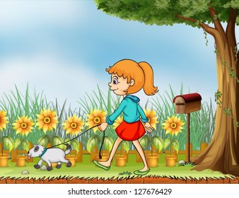 Ilustração de uma menina com seu animal de estimação no jardim