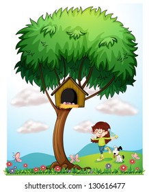 Illustration of a girl with her pets in the garden