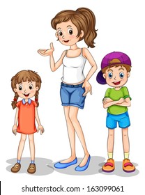 Illustration of a girl and her siblings on a white background