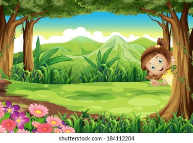 Illustration of a girl hiding at the jungle