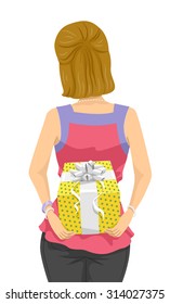 Illustration Of A Girl Hiding A Surprise Gift Behind Her Back