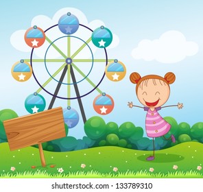 Illustration of a girl in the hill with a wooden signboard