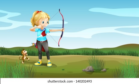 Illustration of a girl holding an archery with a monkey at the back