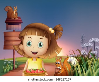 Illustration of a girl holding a basket of berries near the empty signage and the wooden mailbox