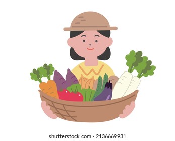 Illustration of a girl holding a basket of vegetables