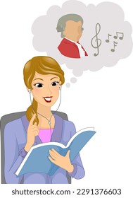Illustration of Girl Holding a Book while Speed Reading, Wearing Headphones and Listening to Classical Music with Man and Musical Notes in Thought Bubble