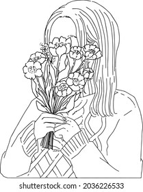 Illustration of a girl holding a bouquet