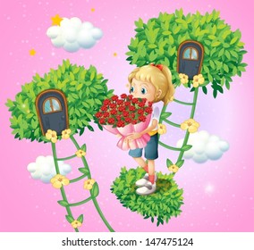 Illustration of a girl holding a bouquet of flowers