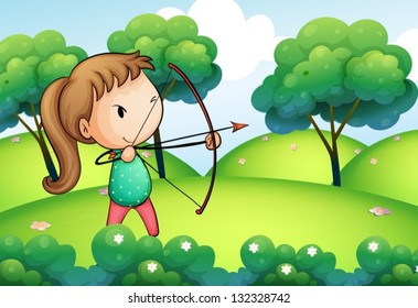 Illustration of a girl holding a bow and arrow in the hills