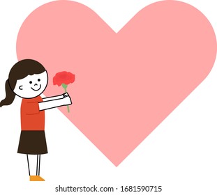 Illustration of girl holding carnation flower. Heart frame for mothers day.