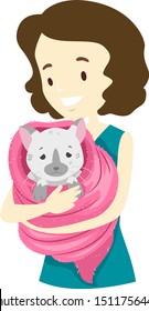 Illustration of a Girl Holding and Carrying a Poor Cat Covered in Blanket. Animal Rescue