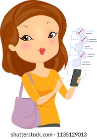 Illustration of a Girl Holding and Checking Off Items from Her List from a Mobile App