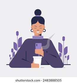 Illustration of a girl holding a cup of coffee and looking at a mobile phone