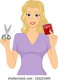 Illustration of a Girl Holding a Discount Card in One Hand and a Pair of Scissors in the Other