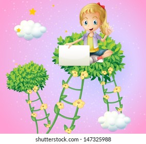 Illustration of a girl holding an empty signboard sitting at the top of a plant