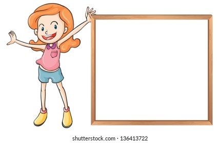Illustration of a girl holding an empty wooden blank board on a white background