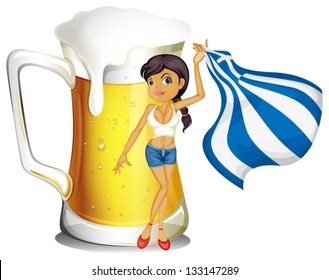 Illustration of a girl holding the flag of Greece in front of a big mug of beer on a white background