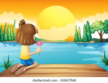 Illustration of a girl holding a flower facing at the river