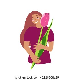 Illustration of the Girl holding flower on white bg