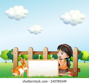Illustration of a girl holding a framed banner near the fence