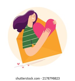 In the illustration, the girl is holding a heart in an envelope. The illustration symbolizes a love message from a girl.